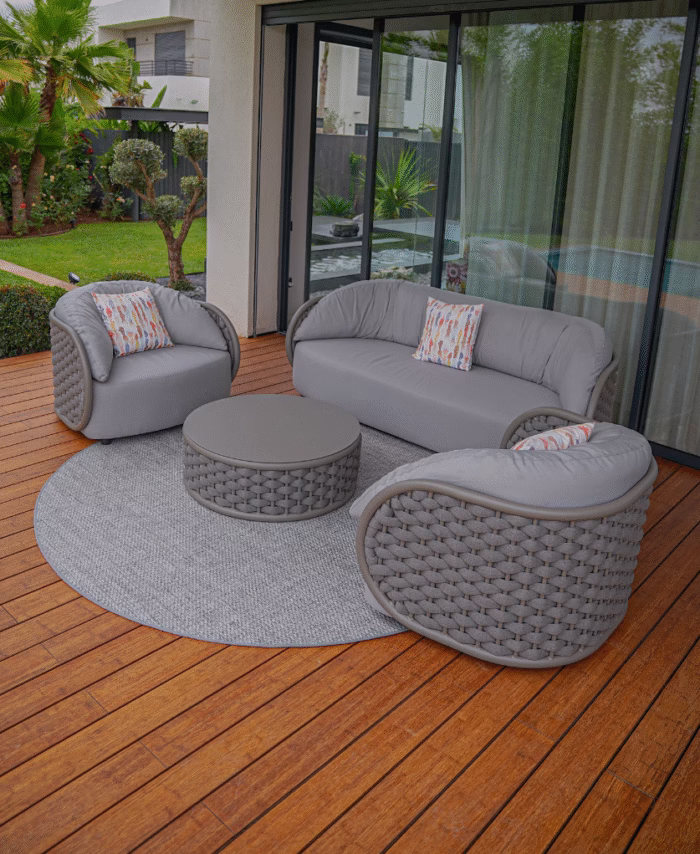 Salon de jardin en corde Ketter Desert 4 places en aluminium et tissu beige anti-UV.