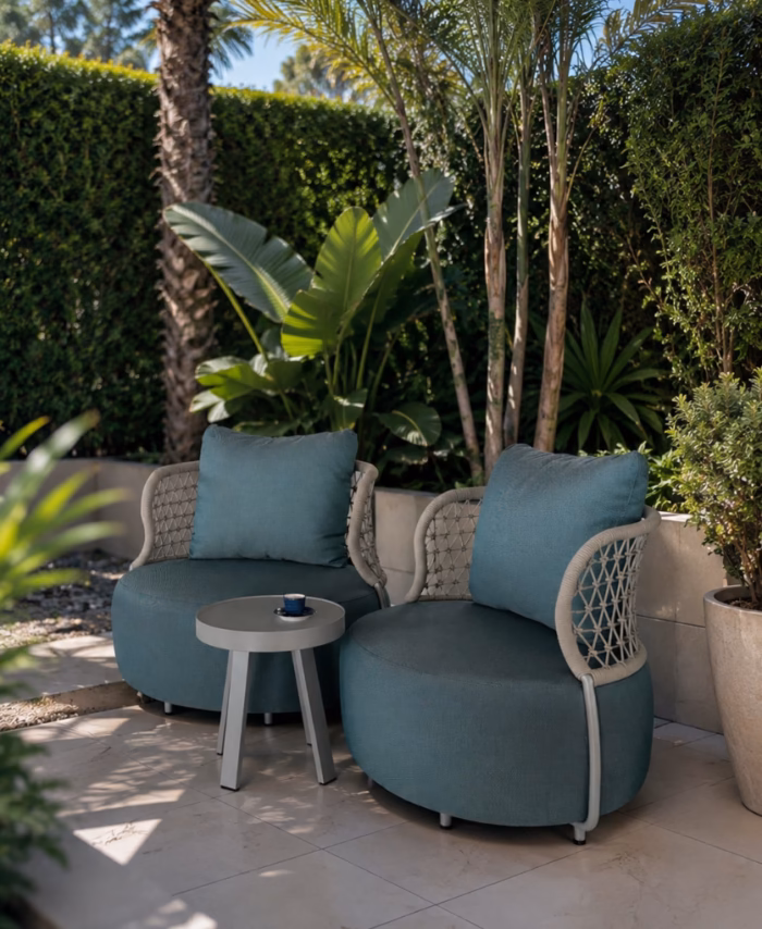 Ensemble Coin Café CANGGU – Duo de Fauteuils & Table d'Appoint en Aluminium et Corde Olefin