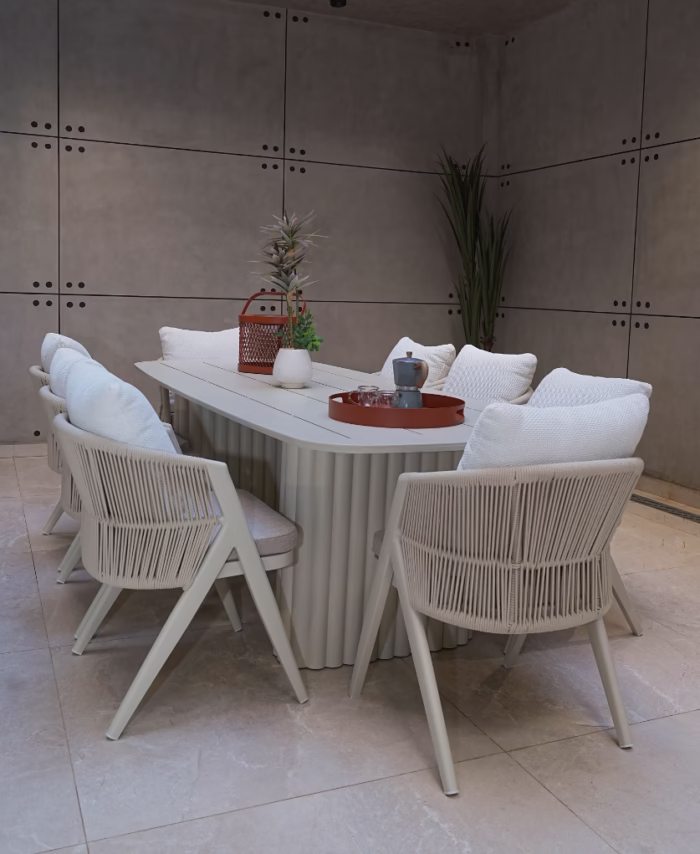 Salle à Manger Extérieure Lin Blanc – Table Aluminium avec 8 Chaises Corde (240cm)