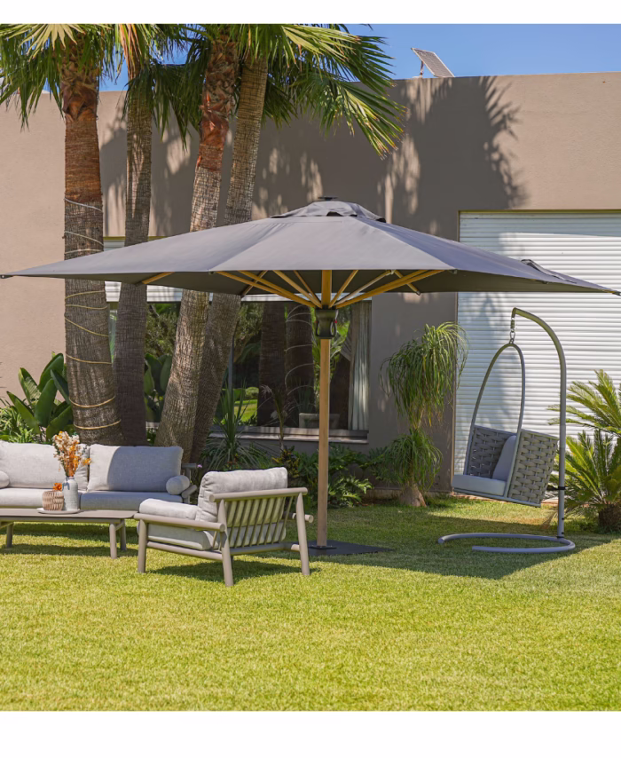 Parasol Alu Effet Bois – Toile Taupe ou Gris Foncé – LED Solaire & USB-C (3x3 à 5x5m)