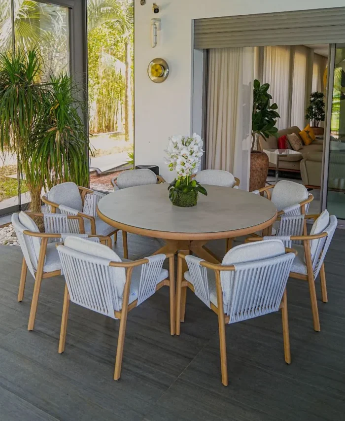 Salle à manger ronde Bois Blanc – Structure en aluminium effet bois | Ensemble avec 7 chaises