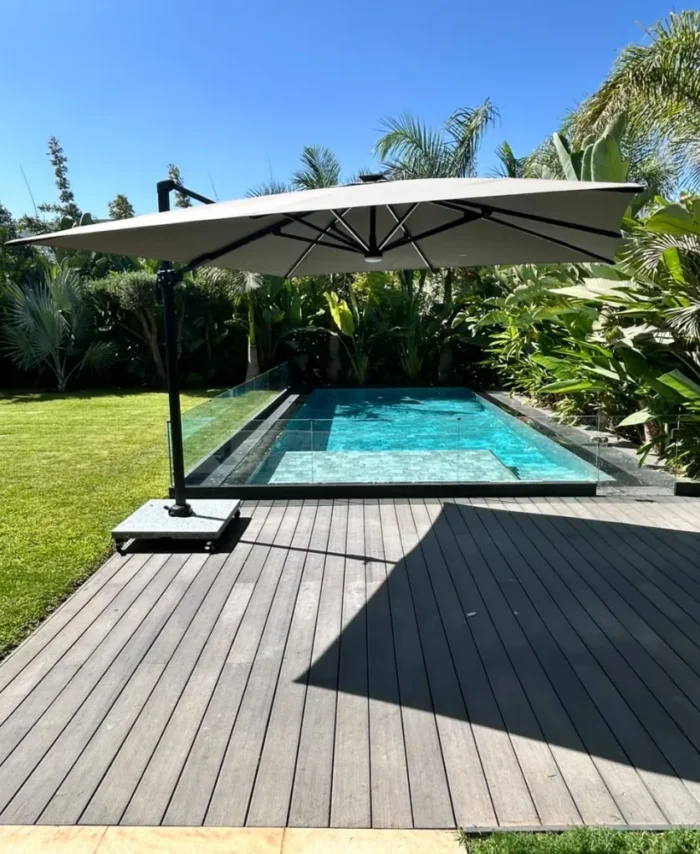Parasol Déporté 3x3m LED Solaire - Pied en marbre à Roulettes  – Structure Aluminium &amp(Beige Foncé)