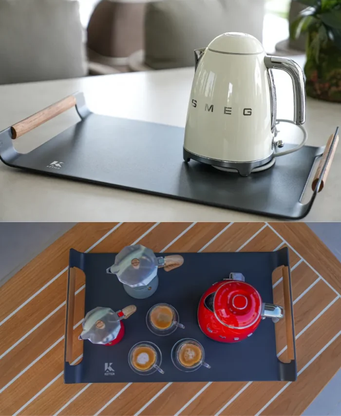 Plateau rectangulaire en aluminium et teak, en Blanc ou Noir